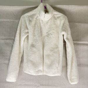 Uniqlo Jacket Womens Sz XS Beige Cream Sherpa Fleece Full Zipper Mock Collar